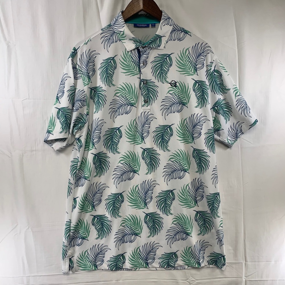 Devereux Polo Shirt Mens Large White Green Tropical‎ Palm Leaf Golf Performance
